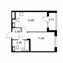 ЖК «Квартал Заречье», планировка 1-комнатной квартиры, 35.92 м²