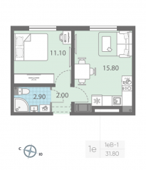 ЖК «ЛСР. Ржевский парк», планировка 1-комнатной квартиры, 31.80 м²
