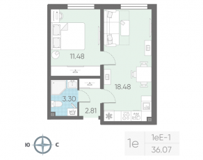 ЖК «Морская миля», планировка 1-комнатной квартиры, 36.07 м²