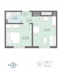 ЖК «ЛСР. Ржевский парк», планировка 1-комнатной квартиры, 31.10 м²