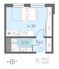 ЖК «ЛСР. Ржевский парк», планировка студии, 23.40 м²