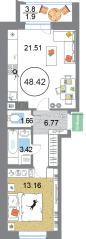ЖК «Modum», планировка 1-комнатной квартиры, 48.42 м²