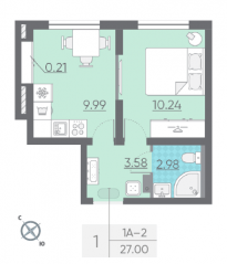 ЖК «Ручьи», планировка 1-комнатной квартиры, 27.20 м²