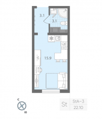 ЖК «Ручьи», планировка студии, 22.10 м²