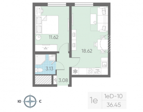 ЖК «Морская миля», планировка 1-комнатной квартиры, 36.45 м²