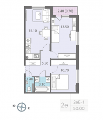 ЖК «ЛСР. Ржевский парк», планировка 2-комнатной квартиры, 50.00 м²