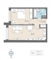 ЖК «ЛСР. Измайловский», планировка 1-комнатной квартиры, 43.40 м²