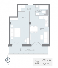 ЖК «Neva Residence», планировка 1-комнатной квартиры, 54.70 м²