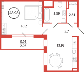 ЖК «Энфилд», планировка 1-комнатной квартиры, 48.98 м²