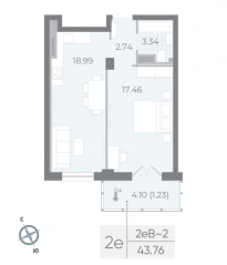 ЖК «Neva Residence», планировка 1-комнатной квартиры, 44.30 м²