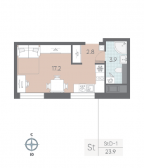 ЖК «ЛСР. Большая Охта», планировка студии, 23.90 м²