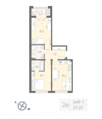 МЖК «Пулково Lake», планировка 2-комнатной квартиры, 57.20 м²