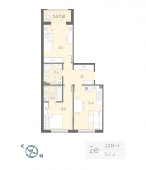 МЖК «Пулково Lake», планировка 2-комнатной квартиры, 57.70 м²