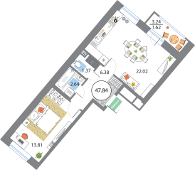 ЖК «Modum», планировка 1-комнатной квартиры, 47.84 м²