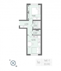 ЖК «Ручьи», планировка 1-комнатной квартиры, 33.90 м²