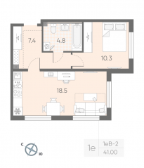 МЖК «Пулково Lake», планировка 1-комнатной квартиры, 41.00 м²
