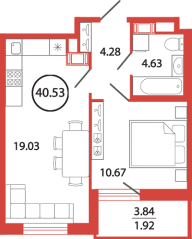 ЖК «Энфилд», планировка 1-комнатной квартиры, 40.53 м²