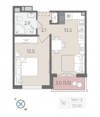 ЖК «Цветной город», планировка 1-комнатной квартиры, 32.50 м²