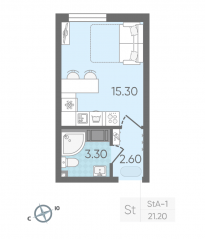 ЖК «Октябрьская набережная», планировка студии, 21.20 м²