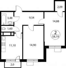 ЖК «Катуар», планировка 2-комнатной квартиры, 58.19 м²