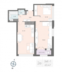 ЖК «Цивилизация на Неве», планировка 2-комнатной квартиры, 63.47 м²