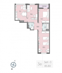 ЖК «Цивилизация на Неве», планировка 3-комнатной квартиры, 85.40 м²