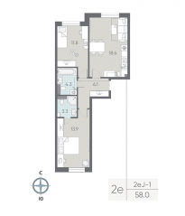 ЖК «ЛСР. Большая Охта», планировка 2-комнатной квартиры, 58.00 м²