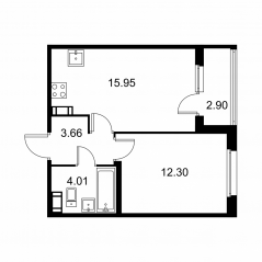 ЖК «Квартал Заречье», планировка 1-комнатной квартиры, 37.37 м²