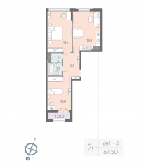 ЖК «Цивилизация на Неве», планировка 2-комнатной квартиры, 66.90 м²