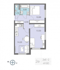 ЖК «ЛСР. Ржевский парк», планировка 2-комнатной квартиры, 49.80 м²