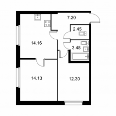 ЖК «Квартал Заречье», планировка 2-комнатной квартиры, 53.72 м²