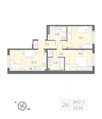 МЖК «Пулково Lake», планировка 2-комнатной квартиры, 53.60 м²