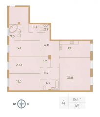 ЖК «Neva Haus», планировка 4-комнатной квартиры, 183.70 м²