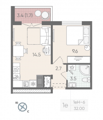 ЖК «Цветной город», планировка студии, 32.00 м²