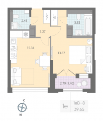 ЖК «Цивилизация на Неве», планировка 1-комнатной квартиры, 39.65 м²