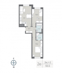 ЖК «ЛСР. Большая Охта», планировка 2-комнатной квартиры, 55.50 м²