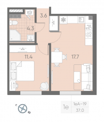 МЖК «Пулково Lake», планировка 1-комнатной квартиры, 37.00 м²