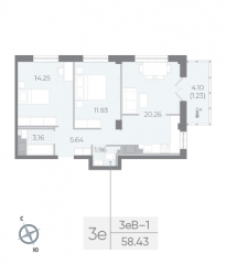 ЖК «Neva Residence», планировка 2-комнатной квартиры, 58.60 м²