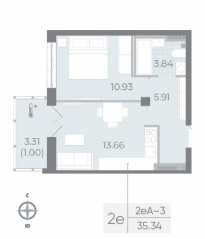 ЖК «Neva Residence», планировка 1-комнатной квартиры, 35.30 м²