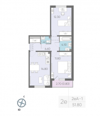 ЖК «ЛСР. Ржевский парк», планировка 2-комнатной квартиры, 51.80 м²