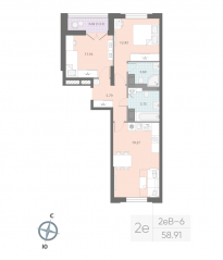 ЖК «Цивилизация на Неве», планировка 2-комнатной квартиры, 58.91 м²