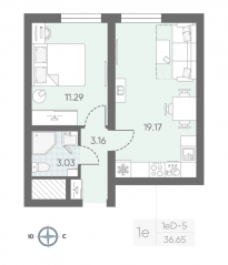 ЖК «Морская миля», планировка 1-комнатной квартиры, 36.80 м²