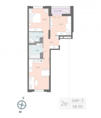 ЖК «Цивилизация на Неве», планировка 2-комнатной квартиры, 58.90 м²
