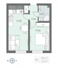 ЖК «Морская миля», планировка 1-комнатной квартиры, 35.69 м²