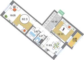 ЖК «Modum», планировка 2-комнатной квартиры, 62.30 м²