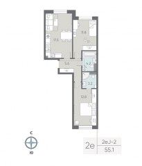 ЖК «ЛСР. Большая Охта», планировка 2-комнатной квартиры, 55.10 м²