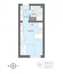 ЖК «Морская миля», планировка студии, 22.06 м²