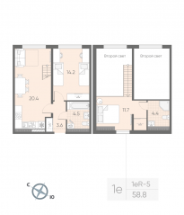 МЖК «Пулково Lake», планировка 1-комнатной квартиры, 58.80 м²