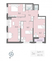 ЖК «Цивилизация на Неве», планировка 3-комнатной квартиры, 83.00 м²