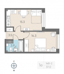ЖК «ЛСР. Измайловский», планировка 1-комнатной квартиры, 37.00 м²
